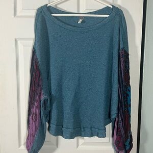 We the Free People teal waffle knit puff sleeve oversized boho top